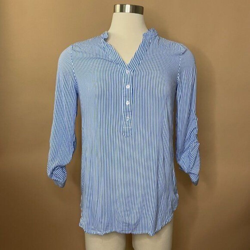TIMING Blue & White Button Stripe Down Blouse Womens Size M